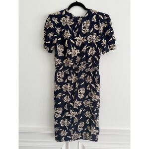 AMAZING Vintage Floral Button Down Shirt Dress Navy & Cream - VGUC